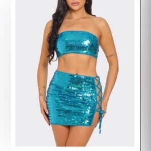 Blue Sequins Set With Straps